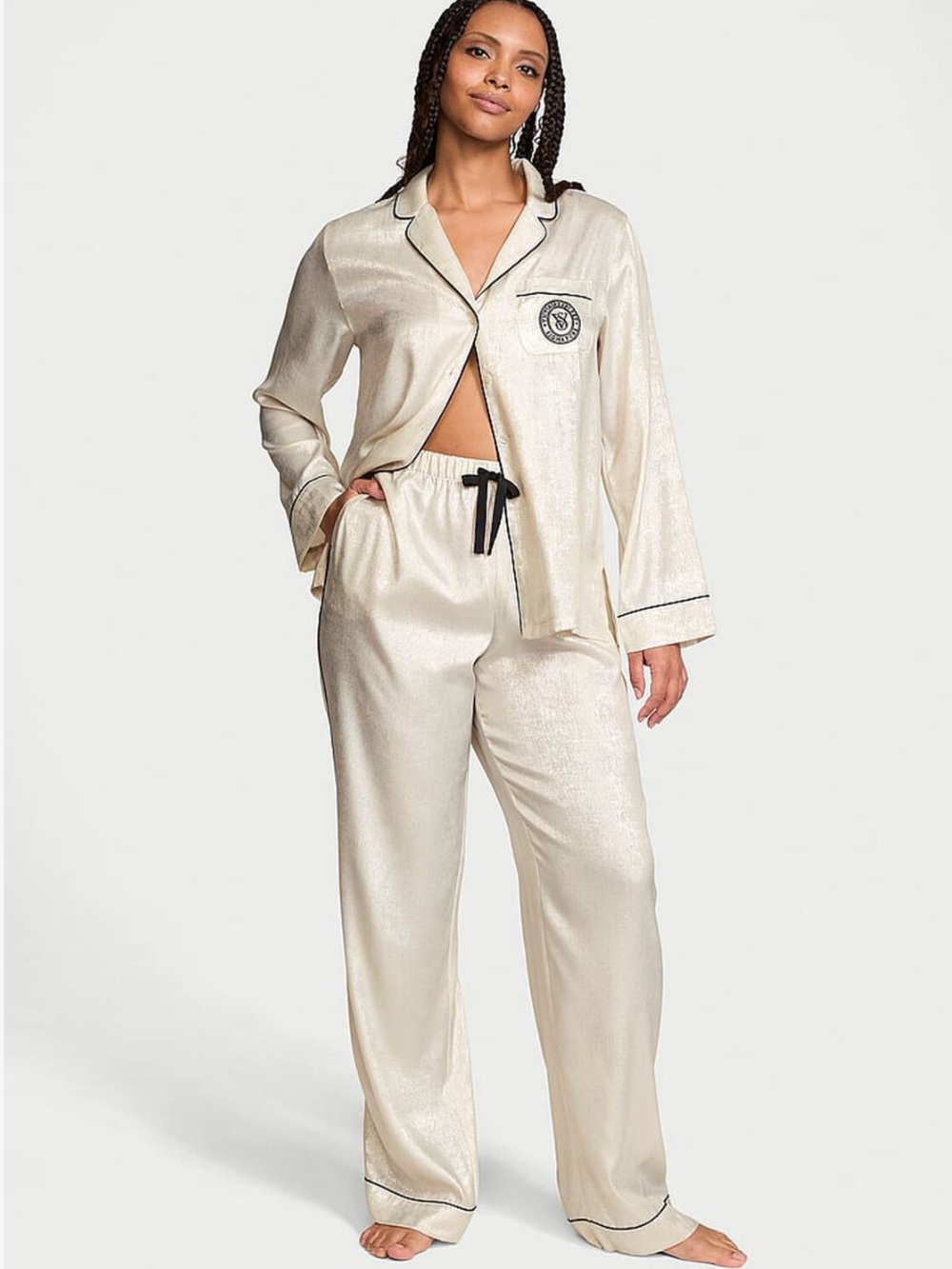 Victoria's Secret Glazed Satin Pajama Set Cream with Black Trim Size Small NWT